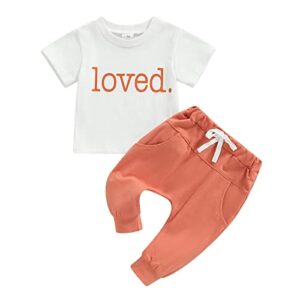 Fsadfeas Baby Boy Valentines Day Outfit Short Sleeve Lover Boy Print T-Shirt Solid Color Jogger Pants Set 2Pcs Summer Clothes (Loved White+Orange,0-6 Months)