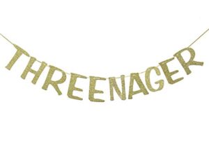 threenager banner hanging garland for 3rd birthday party photo prop party decoration sign (gold glitter)