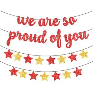 we are so proud of you banner, glitter – big 10 feet with star garland | graduation banner for red and gold graduation party decorations | congratulations decorations | red graduation decorations 2023
