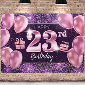 pakboom happy 23rd birthday banner backdrop – 23 birthday party decorations supplies for women her – pink purple gold 4 x 6ft