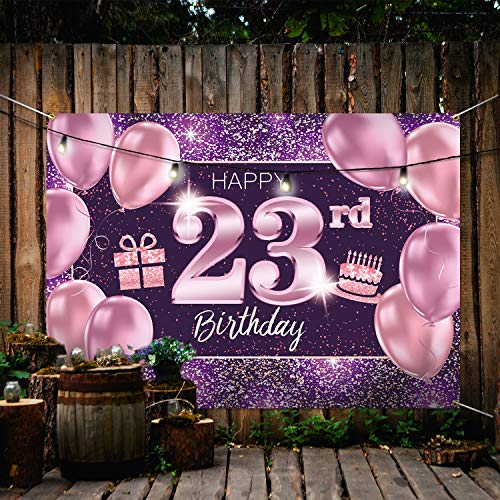 PAKBOOM Happy 23rd Birthday Banner Backdrop - 23 Birthday Party Decorations Supplies for Women Her - Pink Purple Gold 4 x 6ft