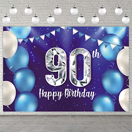 Happy 90th Birthday Banner Background Decorations Balloons Stars Crystal Confetti Theme Decor for Men or Women Cheers to 90 years Party Supplies Photo Booth Props Blue Purple Silver