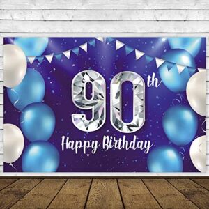 Happy 90th Birthday Banner Background Decorations Balloons Stars Crystal Confetti Theme Decor for Men or Women Cheers to 90 years Party Supplies Photo Booth Props Blue Purple Silver