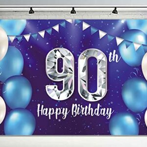 Happy 90th Birthday Banner Background Decorations Balloons Stars Crystal Confetti Theme Decor for Men or Women Cheers to 90 years Party Supplies Photo Booth Props Blue Purple Silver