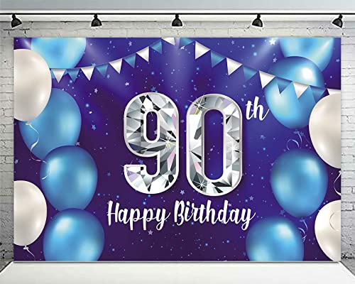 Happy 90th Birthday Banner Background Decorations Balloons Stars Crystal Confetti Theme Decor for Men or Women Cheers to 90 years Party Supplies Photo Booth Props Blue Purple Silver