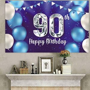 Happy 90th Birthday Banner Background Decorations Balloons Stars Crystal Confetti Theme Decor for Men or Women Cheers to 90 years Party Supplies Photo Booth Props Blue Purple Silver