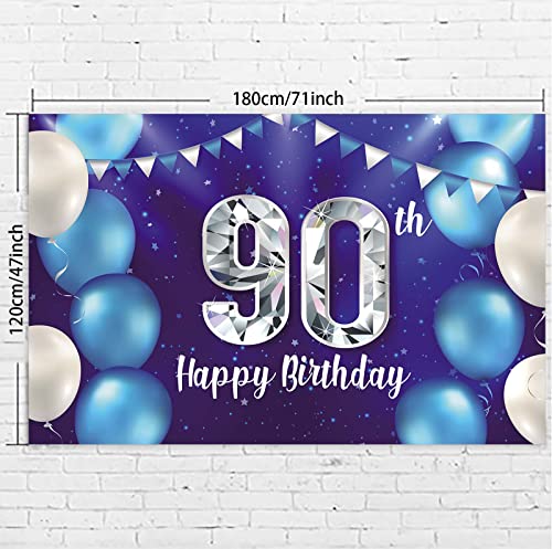 Happy 90th Birthday Banner Background Decorations Balloons Stars Crystal Confetti Theme Decor for Men or Women Cheers to 90 years Party Supplies Photo Booth Props Blue Purple Silver