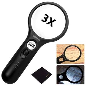 Magnifying Glass with 3 LED Lights - 3X 10X Handheld Magnifier with Cleaning Cloth High Clarity Lightweight for Reading Coins Stamps Map Inspection Hobbies Crafts OS05
