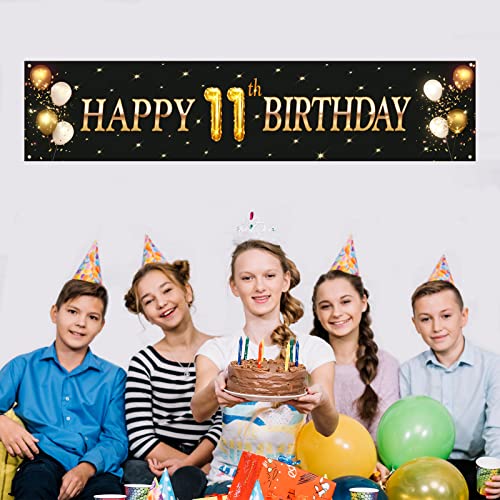 Kimini-Ki Happy 11th Birthday Banner, Lager 11th Birthday Banner Backdrops, 11th Years Old Decor, 11th Birthday Party Decorations for Boys or Girls - Black and Gold (11th)