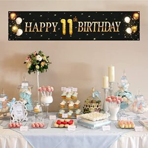 Kimini-Ki Happy 11th Birthday Banner, Lager 11th Birthday Banner Backdrops, 11th Years Old Decor, 11th Birthday Party Decorations for Boys or Girls - Black and Gold (11th)