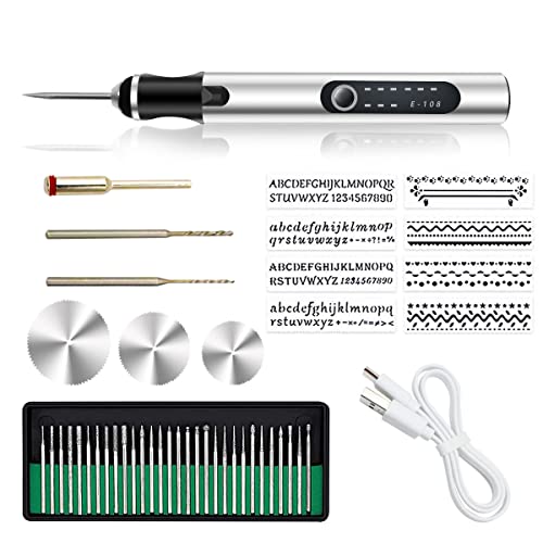 USB Rechargeable Micro Engraver Etching Pen,25W Mini Electric Engraving Tool,Portable Precision Engraving Pen with 35bits for DIY Jewelry Glass Wood Plastic (Silver)