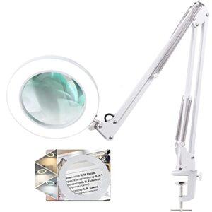 5 inch magnifying glass with light and stand, tomsoo 10x real glass lighted magnifier, stepless dimmable 3 color modes adjustable led magnifying desk lamp for close work reading repair crafts – white