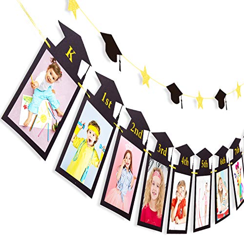 Whaline 2Pcs Graduation Photo Banner, Congrats Grad Banner, No DIY Require Hanging Bunting, Kindergarten to 12th Grade Picture Garland, Black Gold Glitter Banner for Grad Party Decor, 5 x 7 inch