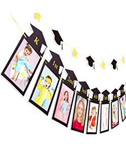 Whaline 2Pcs Graduation Photo Banner, Congrats Grad Banner, No DIY Require Hanging Bunting, Kindergarten to 12th Grade Picture Garland, Black Gold Glitter Banner for Grad Party Decor, 5 x 7 inch