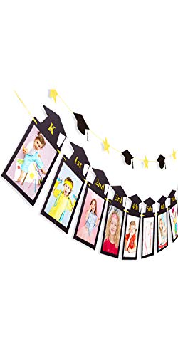 Whaline 2Pcs Graduation Photo Banner, Congrats Grad Banner, No DIY Require Hanging Bunting, Kindergarten to 12th Grade Picture Garland, Black Gold Glitter Banner for Grad Party Decor, 5 x 7 inch