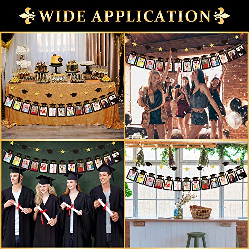 Whaline 2Pcs Graduation Photo Banner, Congrats Grad Banner, No DIY Require Hanging Bunting, Kindergarten to 12th Grade Picture Garland, Black Gold Glitter Banner for Grad Party Decor, 5 x 7 inch