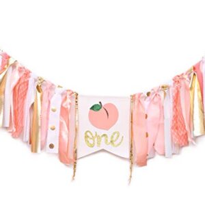 WAHAWU Peach 1st Birthday Banner - One Little Peach High Chair Banner, Birthday Party Gifts for Girls, Pink First Birthday Banner, Photo Prop Party, Peach and Gold (Peach 1st Birthday Banner)