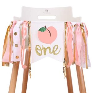 WAHAWU Peach 1st Birthday Banner - One Little Peach High Chair Banner, Birthday Party Gifts for Girls, Pink First Birthday Banner, Photo Prop Party, Peach and Gold (Peach 1st Birthday Banner)