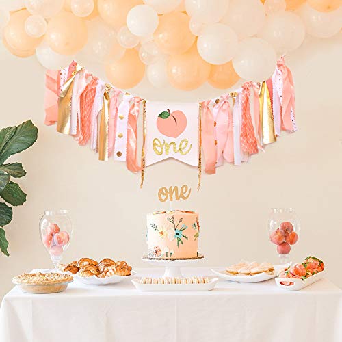 WAHAWU Peach 1st Birthday Banner - One Little Peach High Chair Banner, Birthday Party Gifts for Girls, Pink First Birthday Banner, Photo Prop Party, Peach and Gold (Peach 1st Birthday Banner)