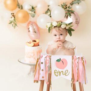 WAHAWU Peach 1st Birthday Banner - One Little Peach High Chair Banner, Birthday Party Gifts for Girls, Pink First Birthday Banner, Photo Prop Party, Peach and Gold (Peach 1st Birthday Banner)