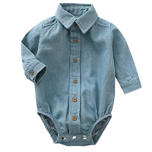 MOMOLAND Infant Baby Boys Woven Denim Button Up Bodysuit Romper Shirt (12-18 Months, Denim 265)