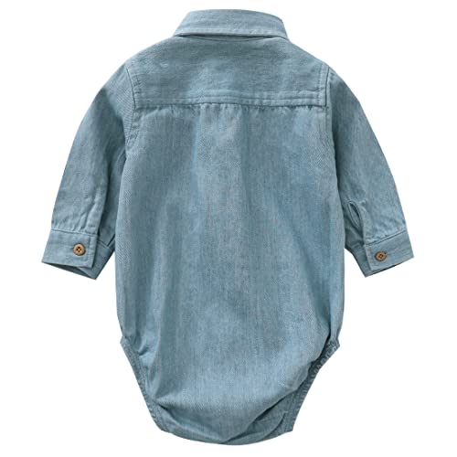 MOMOLAND Infant Baby Boys Woven Denim Button Up Bodysuit Romper Shirt (12-18 Months, Denim 265)