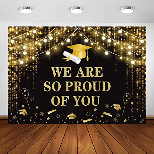 Avezano Graduation Party Backdrop Blak and Gold Graduation Party Decorations Proud of You Congrats Grad 2023 Photoshoot Background Banner Supplies (7x5ft)