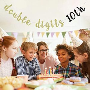 Double Digits 10th Birthday Banner, Happy 10th Birthday Party Decorations, 10 Years Old Birthday Sign (Gold Glitter)