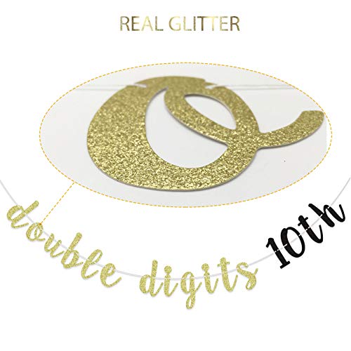 Double Digits 10th Birthday Banner, Happy 10th Birthday Party Decorations, 10 Years Old Birthday Sign (Gold Glitter)