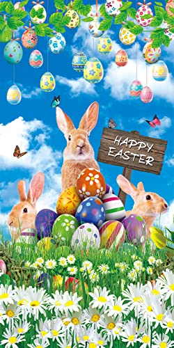 2023 Happy Easter Eggs Bunny Door Banner 3x6ft Spring Sky Grassland Flower Door Cover Banner Child Baby Shower Party Outdoor Yard Porch Sign Decoration