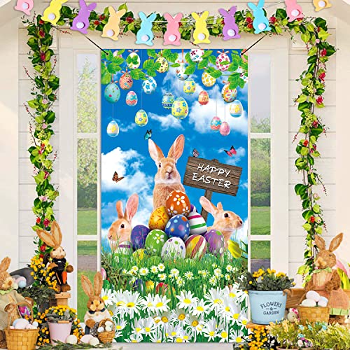 2023 Happy Easter Eggs Bunny Door Banner 3x6ft Spring Sky Grassland Flower Door Cover Banner Child Baby Shower Party Outdoor Yard Porch Sign Decoration