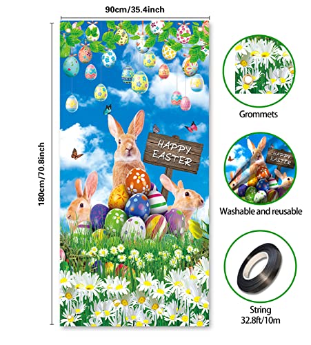 2023 Happy Easter Eggs Bunny Door Banner 3x6ft Spring Sky Grassland Flower Door Cover Banner Child Baby Shower Party Outdoor Yard Porch Sign Decoration