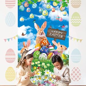 2023 Happy Easter Eggs Bunny Door Banner 3x6ft Spring Sky Grassland Flower Door Cover Banner Child Baby Shower Party Outdoor Yard Porch Sign Decoration