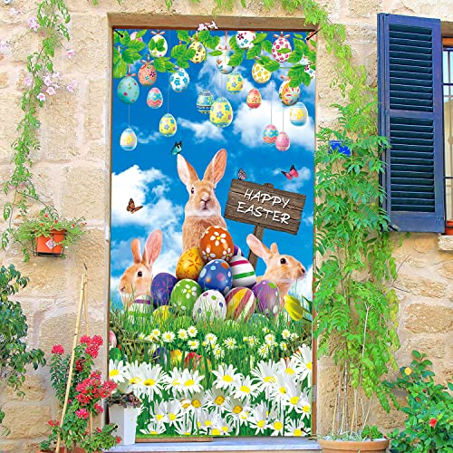 2023 Happy Easter Eggs Bunny Door Banner 3x6ft Spring Sky Grassland Flower Door Cover Banner Child Baby Shower Party Outdoor Yard Porch Sign Decoration