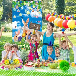 2023 Happy Easter Eggs Bunny Door Banner 3x6ft Spring Sky Grassland Flower Door Cover Banner Child Baby Shower Party Outdoor Yard Porch Sign Decoration