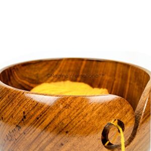 Nagina International Dark Rich Deep Wood Crafted Premium Polished Yarn Storage Bowl with Spiral Yarn Dispenser