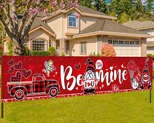 Happy Valentine Day Banner Decoration-Red Buffalo Gnome Yard Sign Banner,Be Mine Love Bling Banner for XOXO Valentine Decoration