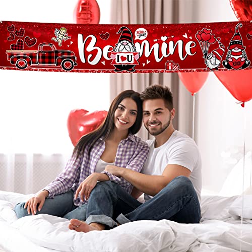 Happy Valentine Day Banner Decoration-Red Buffalo Gnome Yard Sign Banner,Be Mine Love Bling Banner for XOXO Valentine Decoration