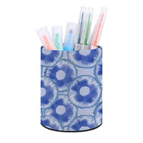 Blue Pineapple Ring Pattern Round PU Leather Pen Holder Desk Organizer Storage Container Pencil Container Brush Scissor Box