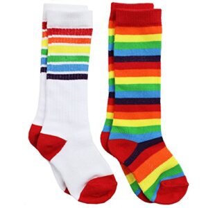 judanzy knee high tall baby, toddler & kids socks with arch support (6-10 years (size 1-7), white with rainbow & rainbow stripe)