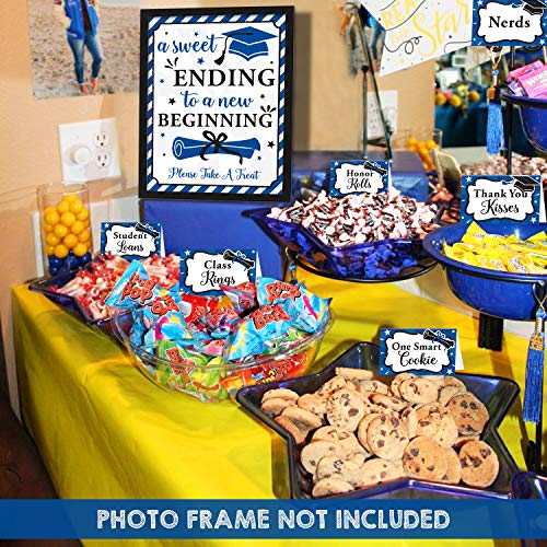 Yaaaaasss! 18pcs Graduation Candy Bar Dessert Buffet Decoration-A Sweet Ending to A New Beginning Sign Blue Congrats Grad Banner Food Labels Dessert Table Party Favor Ideas Supplies Navy Blue