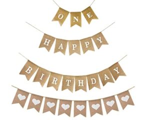shimmer anna shine happy birthday burlap banner, hearts burlap banner and first birthday one high chair banner for baby boy and girl cake decor for birthday party decorations (white print)