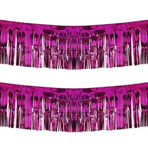 blukey 10 feet by 15 inch fuchsia foil fringe garland – pack of 2 | shiny metallic tinsel banner | ideal for parade floats, bridal shower, wedding, birthday, christmas | wall hanging drapes