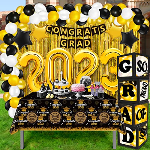 Graduation Party Decorations 2023, Gold Graduation Decorations Class of 2023 with Boxes, Balloons, Banner, Large Congrats Grad Party Supplies, Grad Decorations for Senior High School College(Gold)