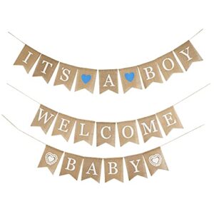 meedee welcome baby banner it’s a boy banner burlap baby shower banner for baby shower decorations rustic baby shower banner hanging bunting for safari baby shower decorations, 3 pieces