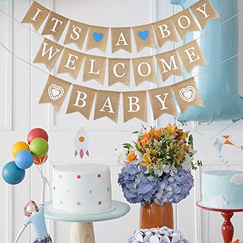 MEEDEE Welcome Baby Banner It's A Boy Banner Burlap Baby Shower Banner For Baby Shower Decorations Rustic Baby Shower Banner Hanging Bunting For Safari Baby Shower Decorations, 3 Pieces