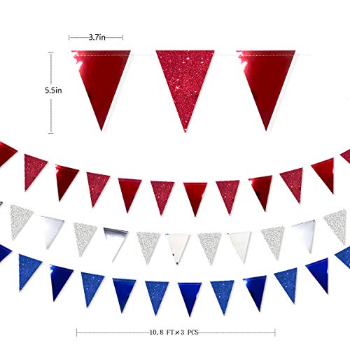 30 Ft Red Silver Blue Triangle Pennant Banner Bunting Double Sided Glitter Metallic Paper Flag Garland for 4th of July American Independence Day USA National Day Patriotic Party Decorations Supplies