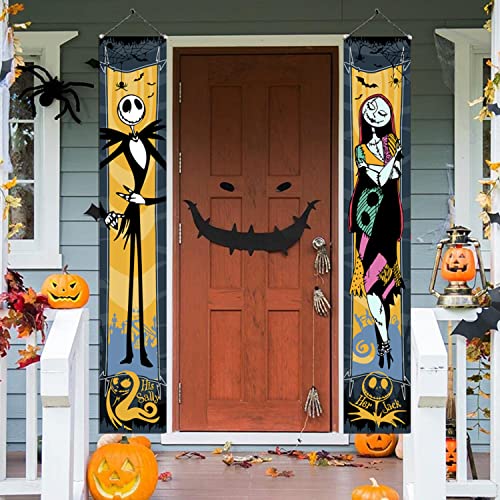 Jack Skellington Porch Sign Banner 2 Pcs 11.8×70.8" Halloween NightmareBefore Christmas Banner Halloween Party Supplies Welcome Sign Halloween Door Banner fall Decorations