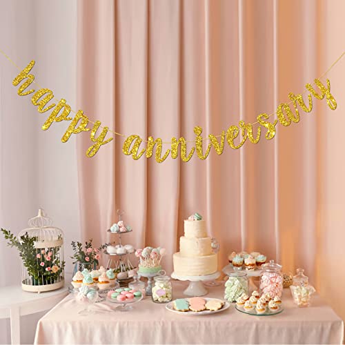 INNORU Gold Glitter Happy Anniversary Banner - Birthday Sign Bunting - Wedding Anniversary Party Decorations