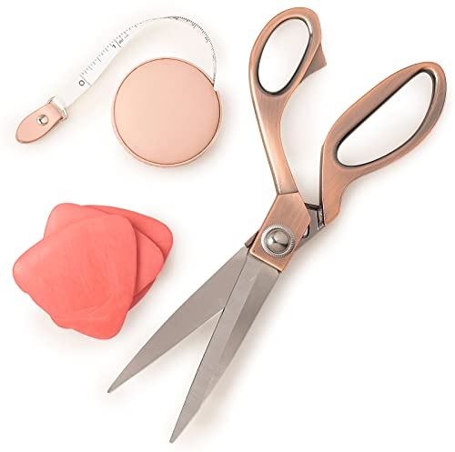 Professional Tailor & Dressmaker 9.5” Sharp Scissors for Cutting Heavy Fabrics & Leather + Measuring Tape & Tailor’s Chalk (Rose Gold)